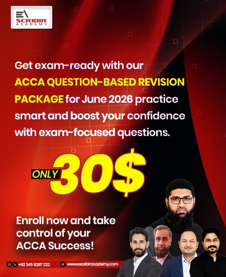 Promotional poster by Scribir Academy advertising an ACCA Question-Based Revision Package for June 2026, only $30, with six men pictured at the bottom right.