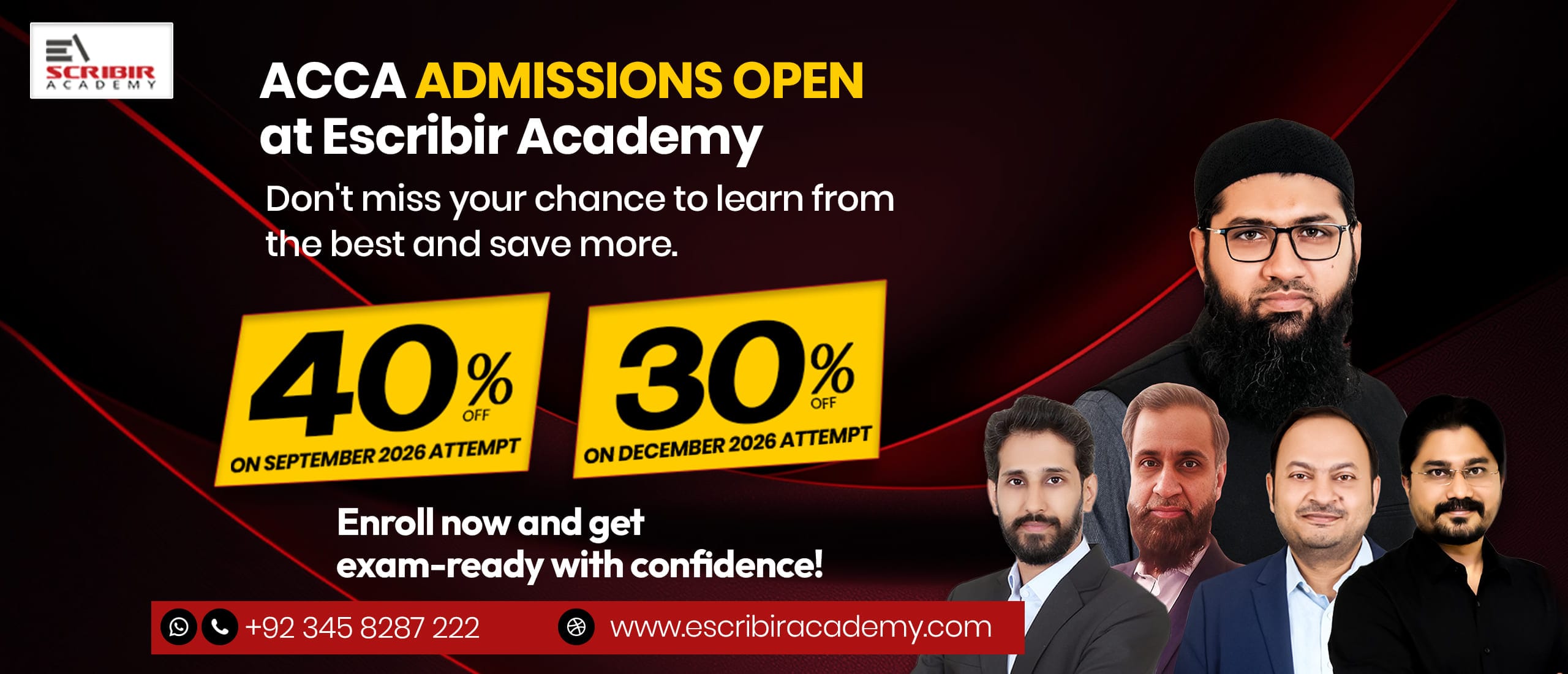 Banner promoting ACCA admissions open at Escribir Academy, highlighting 40% off (Sept 2026) and 30% off (Dec 2026) with contact info included.