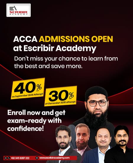 Advert for ACCA admissions at Escribir Academy with 40% and 30% off on September and December attempts; logo top-left, group of five men at bottom-right on a dark red background with curved lines.