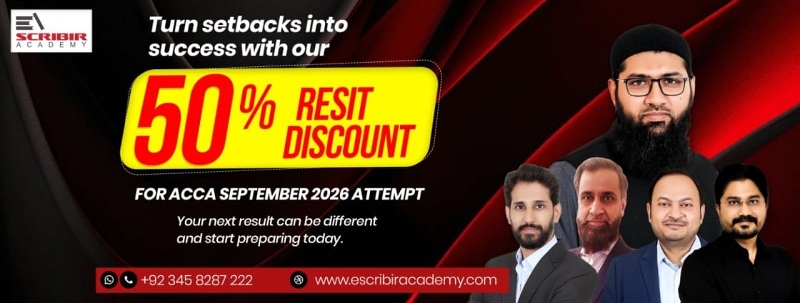 Promotional banner for Escriber Academy advertising 50% resit discount for ACCA September 2026 with a group of men in business attire and contact info at the bottom.