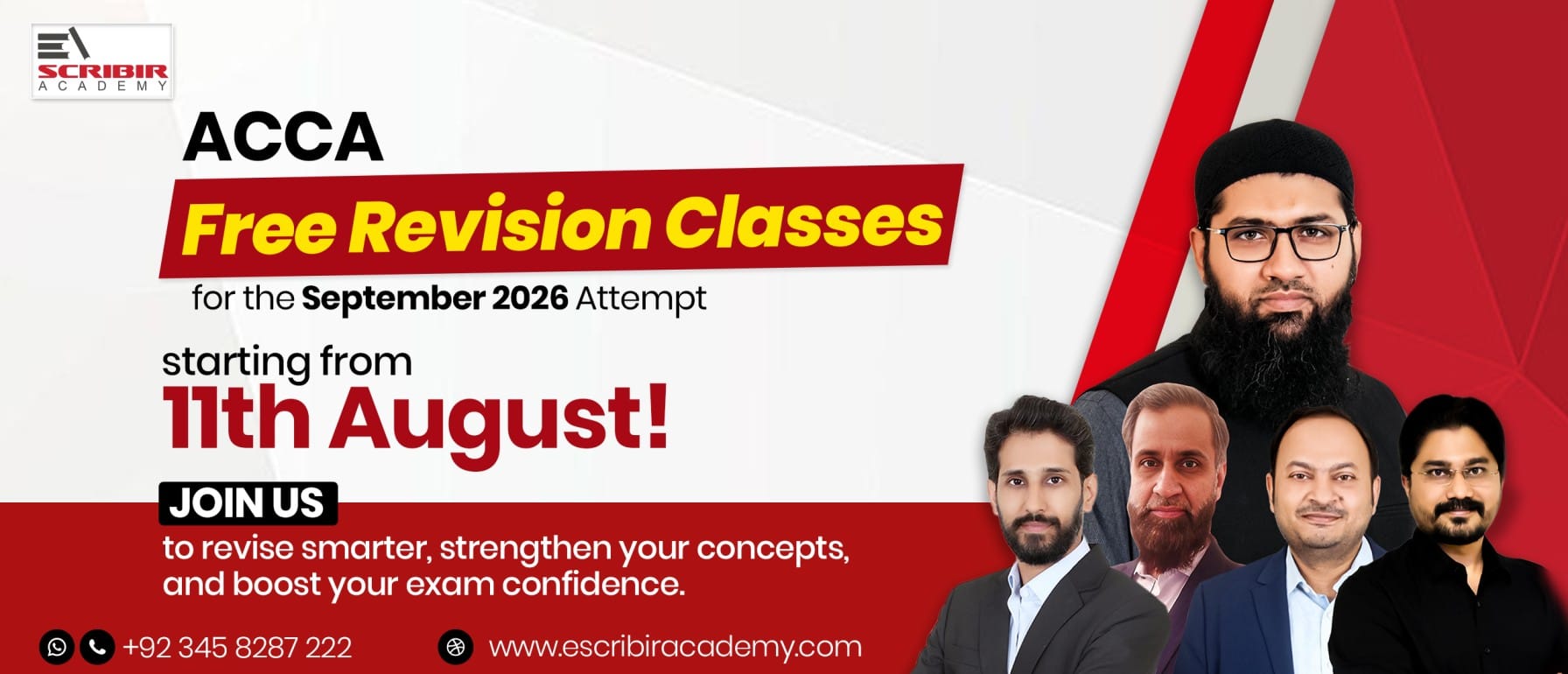 ACCA Free Revision Classes banner: starting 11th August for the September 2026 attempt with instructors on the right.
