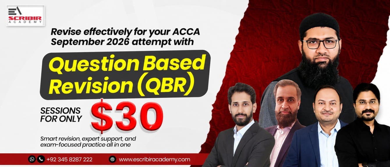 Ad banner for Scribir Academy promoting Question Based Revision (QBR) sessions for ACCA September 2026 at $30, with six men in business attire on the right.