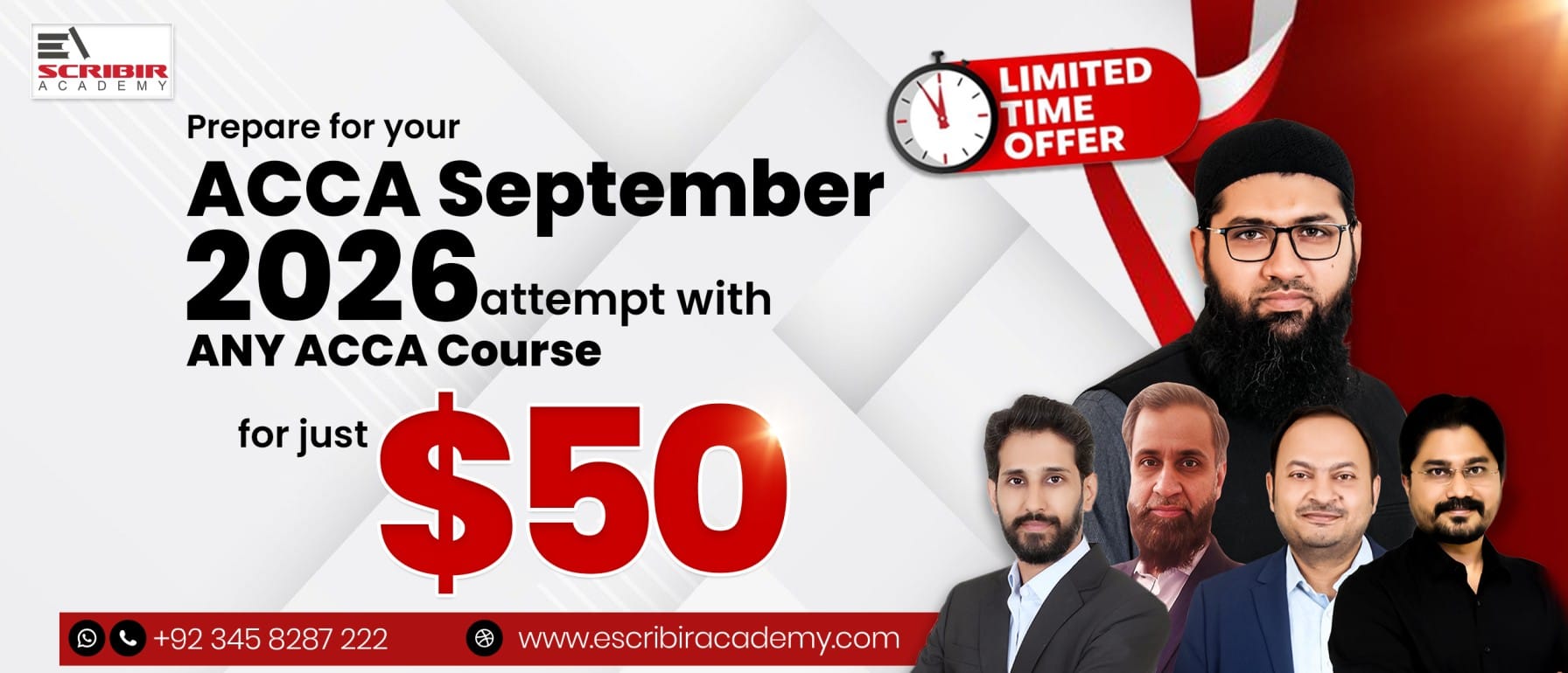 Advertising banner for Scribbir Academy offering an ACCA September 2026 course for $50, featuring a 'Limited Time Offer' clock badge and a group of men in suits on the right; bottom red bar shows contact +92 345 8287 222 and the website www.escribiracademy.com.